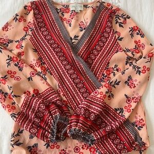 Floral V-Neck Blouse - Pink and Red